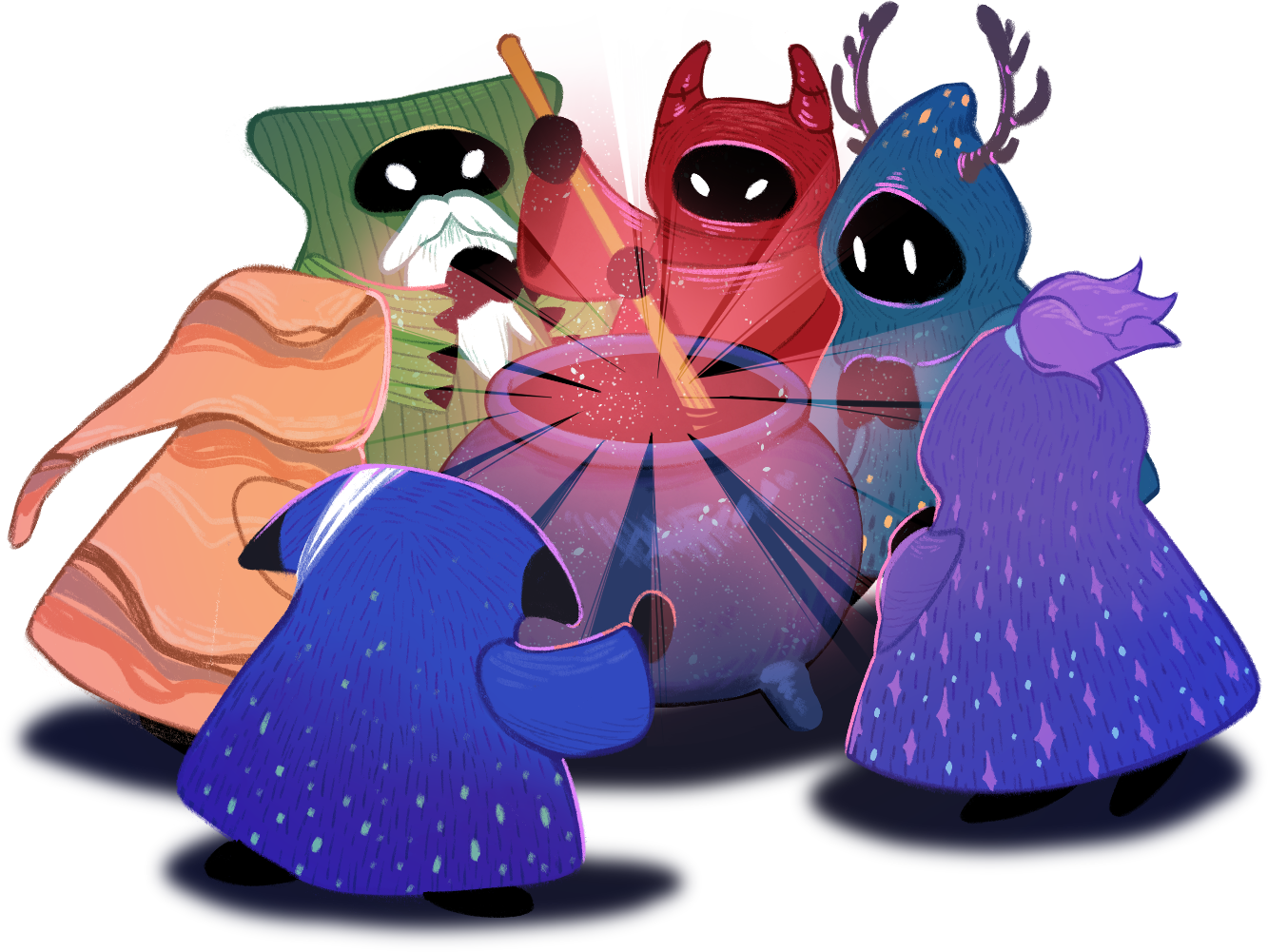 Cute hooded wizards clad in different colours gathered around a cauldron